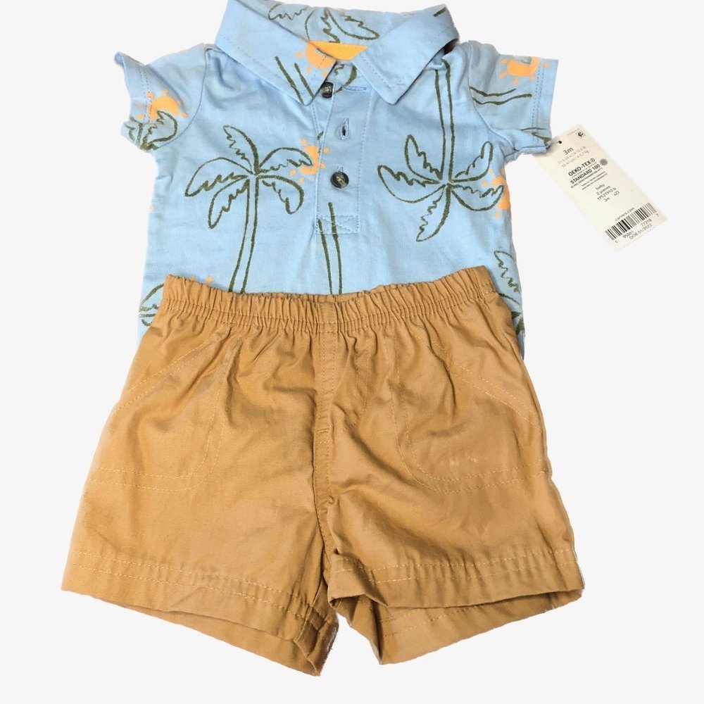 Carter's Baby Boy 2 Piece Bodysuit with Shorts Blue with Palm Trees Sun 3M